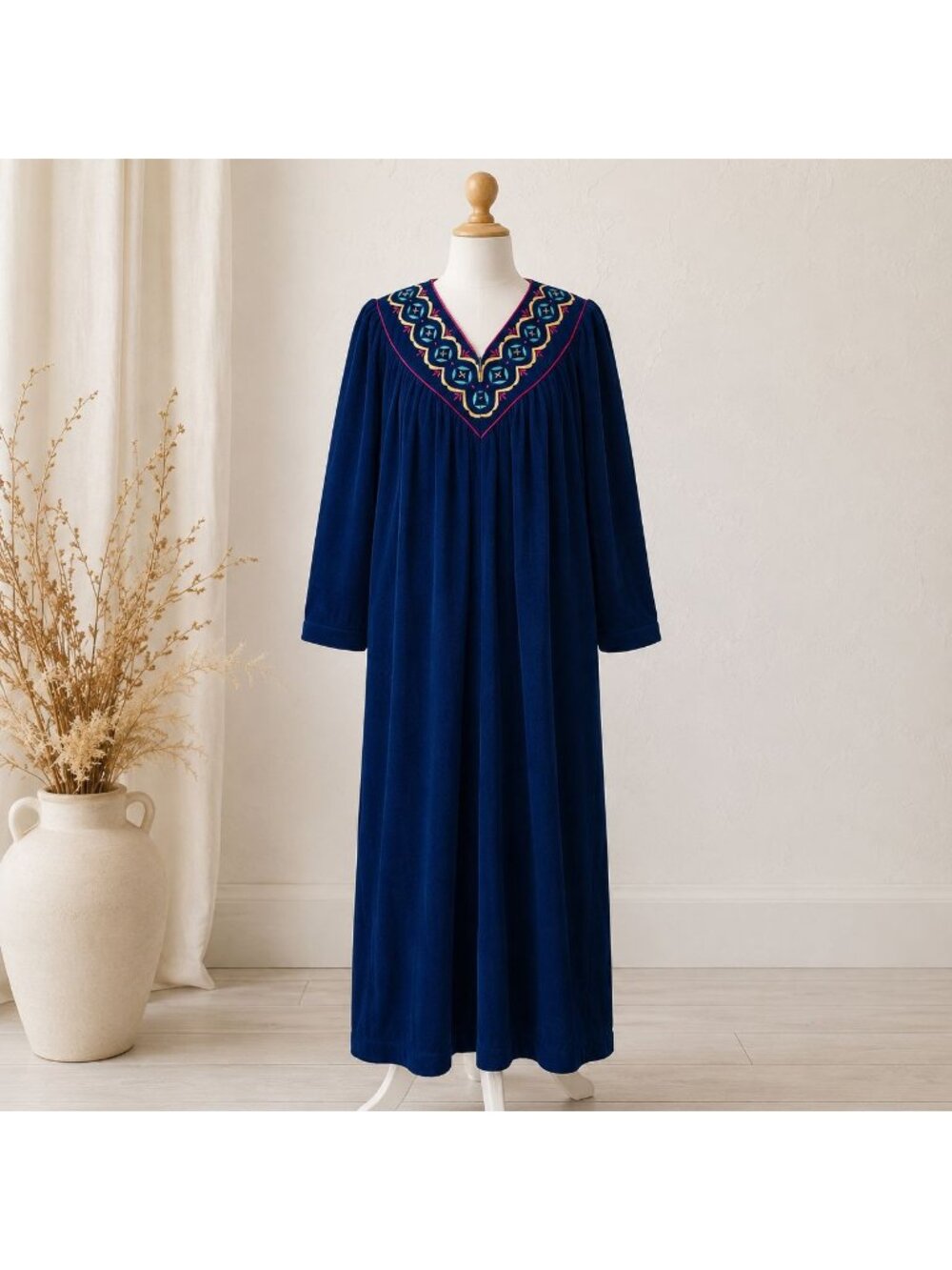 Appel Petite Aztec Maxi Robe Size M Blue Fleece Embroidered VTG Southwestern